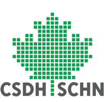 The logo of the Canadian Society for Digital Humanities: a pixellated green maple leaf icon with "CSDH SCHN" written below