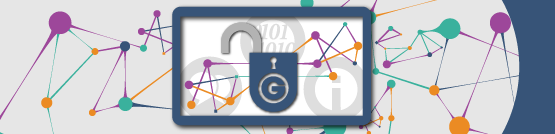 An abstract illustration showing a rectangle with an unlocked padlock icon against a set of interconnected multicoloured lines,